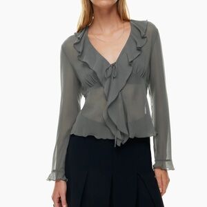 Aritzia Wilfred Frenchy Sheer Chiffon Ruffle Longsleeve Blouse in Coal Grey
